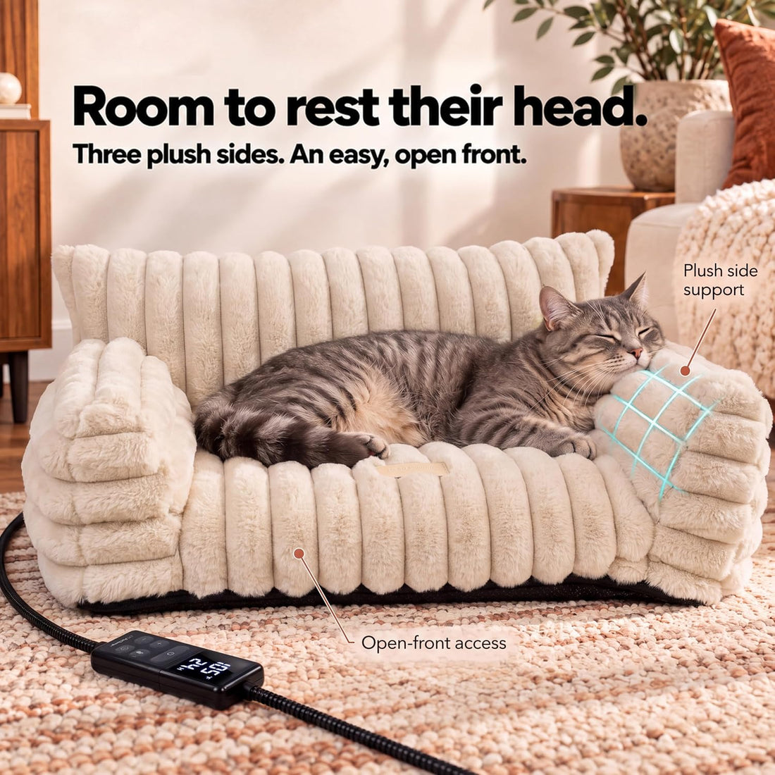 Indoor Heated Cat Sofa, Heated Dog Bed for Small Dogs,Plush Bolster