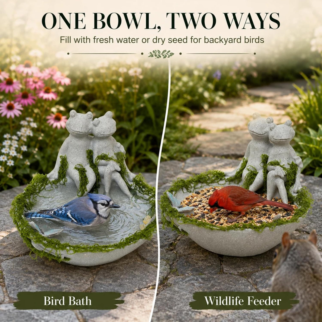 Frog Couple Bird Bath for Outdoors, Small Resin Ground Birdbath Bowl