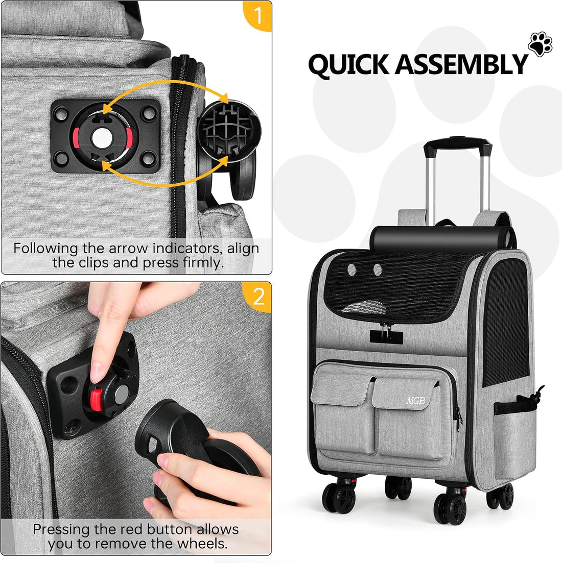 MGB Pet Carrier with Wheels, Rolling Cat Carrier Gray