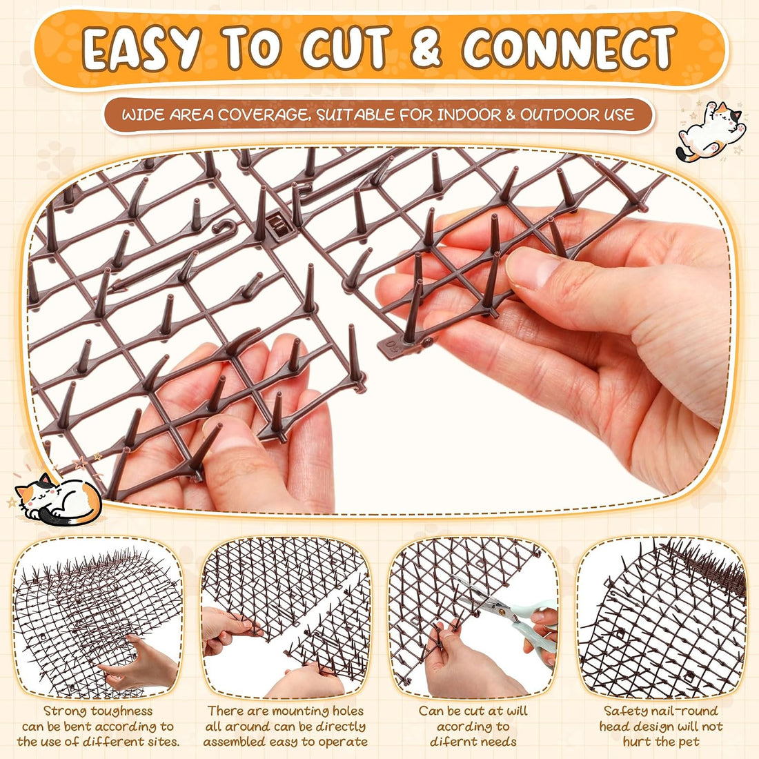 4 Pcs 52.6 ft Cat Spike Mat Outdoor Cat Deterrent Mat