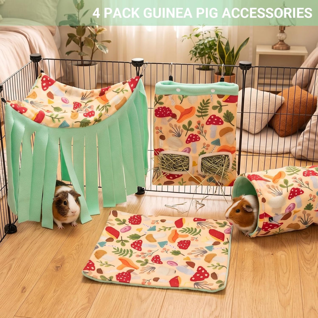 Guinea Pig Hideout Set (4-Pack), Tunnel, Corner Hide, Hay Bag & Mat