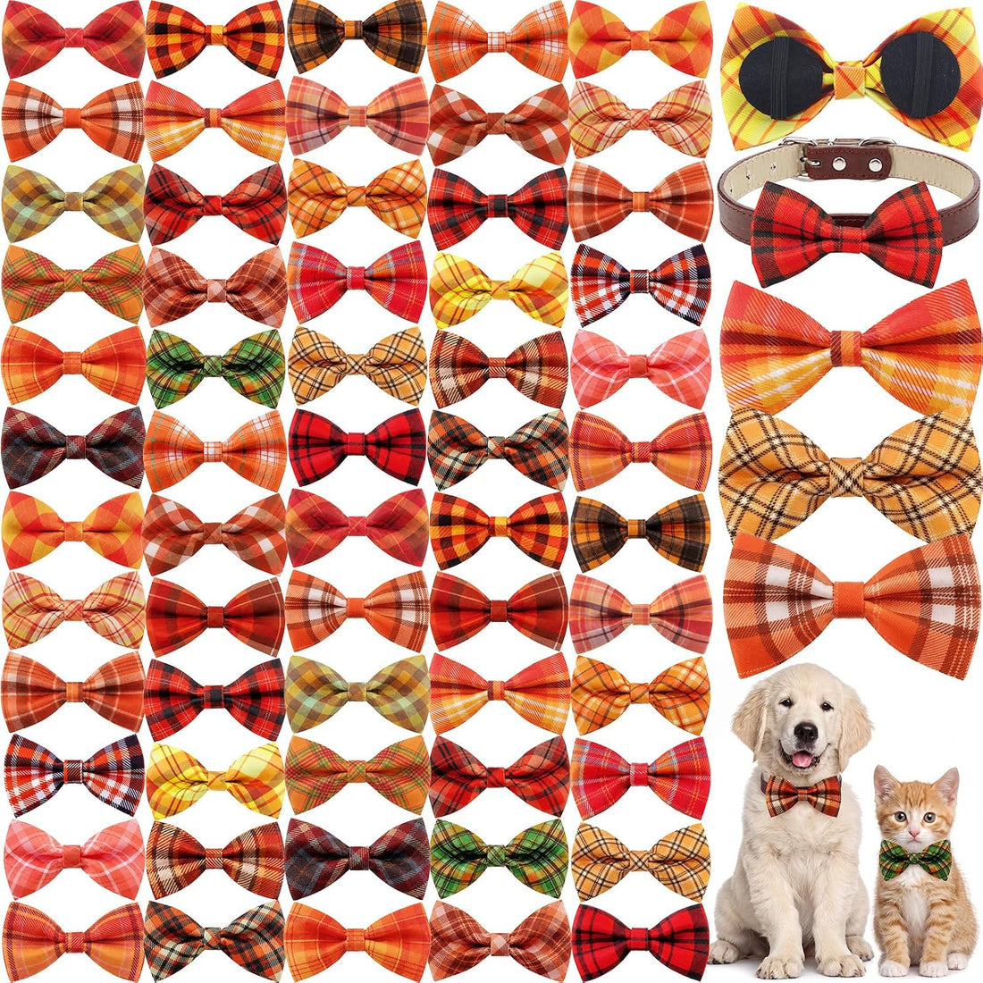 Silkfly 60 Pcs Fall Thanksgiving Plaid Dog Collar Bow Ties Bulk