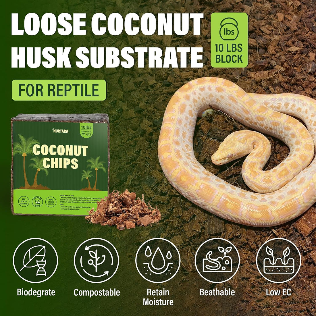 Coconut Chips Substrate, 10 lb Reptile Bedding Expands to 72 qt