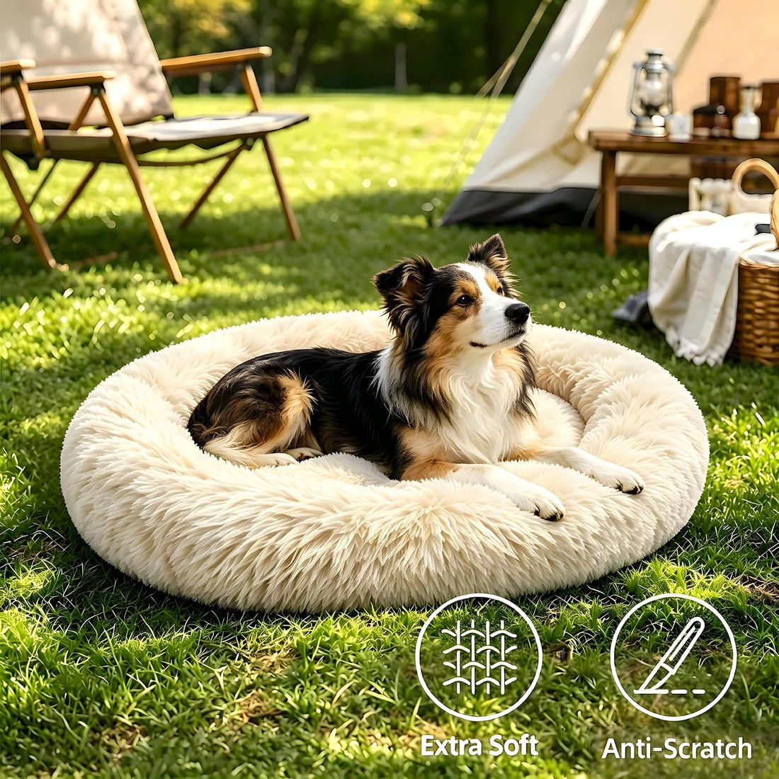 Round Donut Pet Bed 24in Soft Plush Calming Cushion with Non-Slip Base