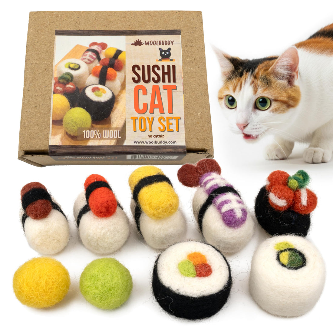 Woolbuddy Sushi Cat Toy Set – Wool Felt Interactive Toys for Indoor