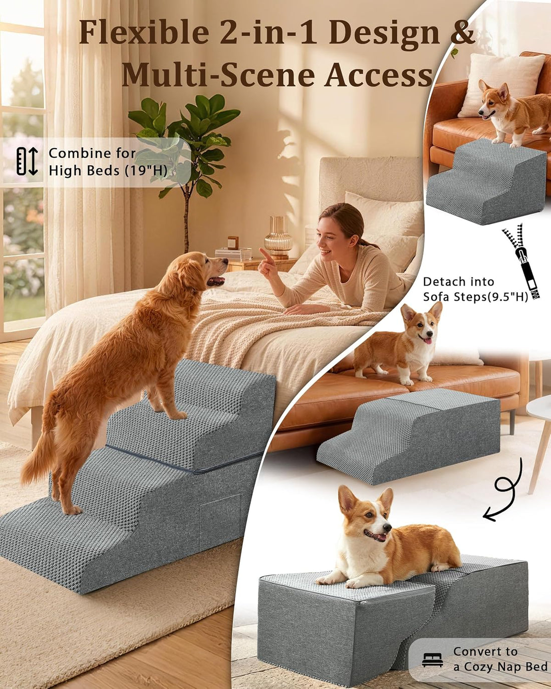 Dog Stairs for Bed,19" H 4 Step Pet Stairs for Small Dogs & Cats