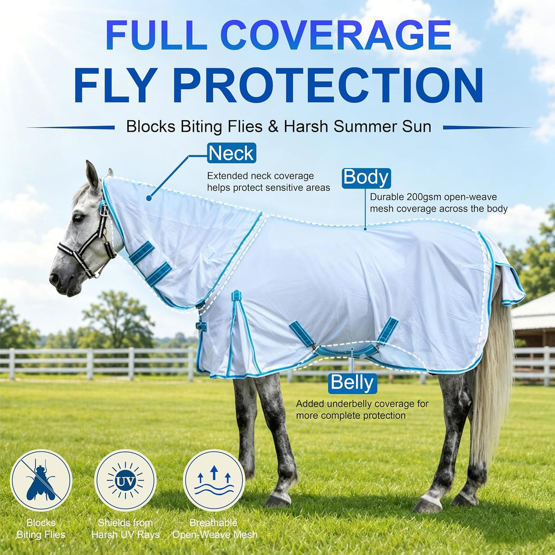 Horse Fly Sheet with Neck, Open Weave Mesh for Hot Weather