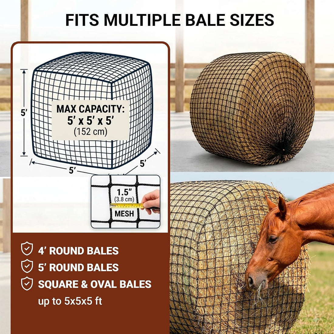Round Bale Hay Net 5x5 ft, Slow Feeder for Horses, Goats & Cattle