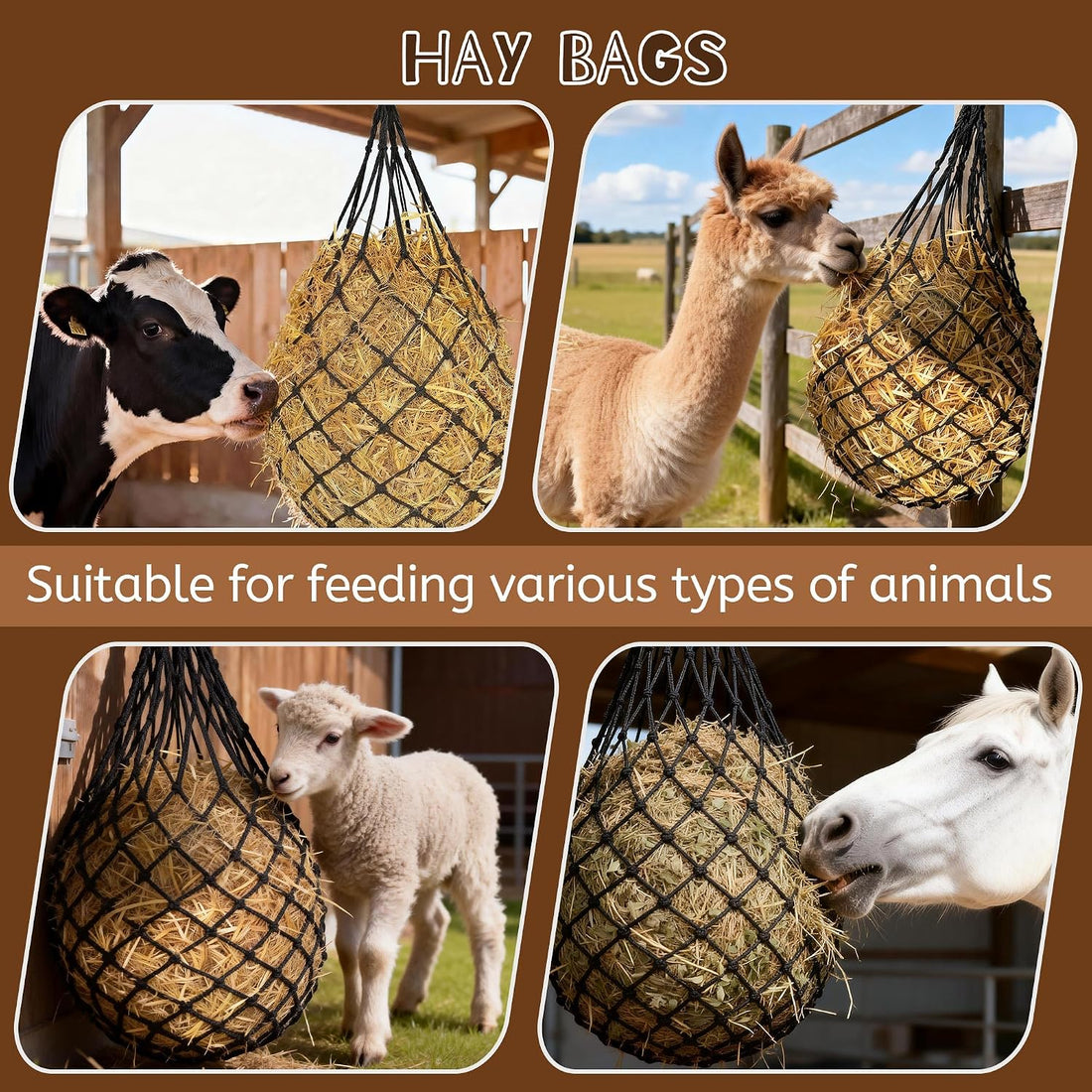 3 Pcs 47" Hay Nets for Horses with Straps & Hooks