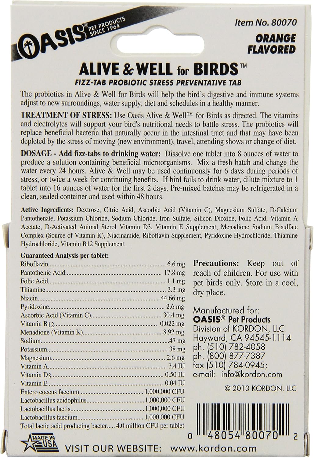 OASIS #80070 Alive and Well, Stress Preventative & Pro-Biotic Tablets