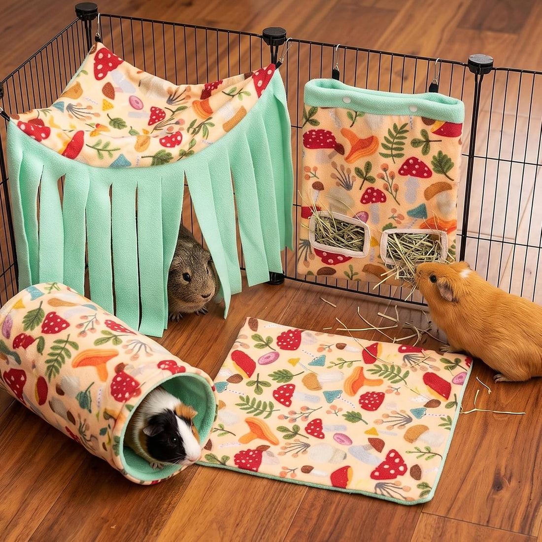 Guinea Pig Hideout Set (4-Pack), Tunnel, Corner Hide, Hay Bag & Mat