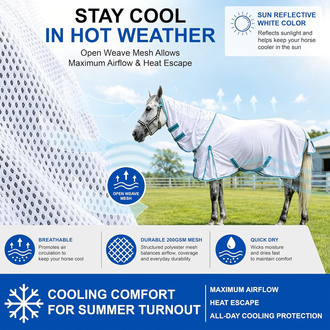 Horse Fly Sheet with Neck, Open Weave Mesh for Hot Weather