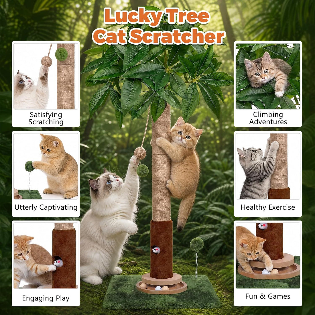 Fantasreen 35" Cat Scratching Post with Track Ball & Toys