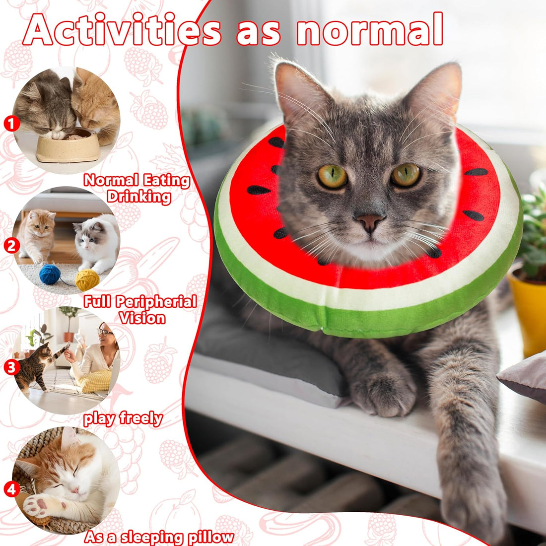 Cat Cone Collar Soft, Cat Recovery Cone (Watermelon, S)