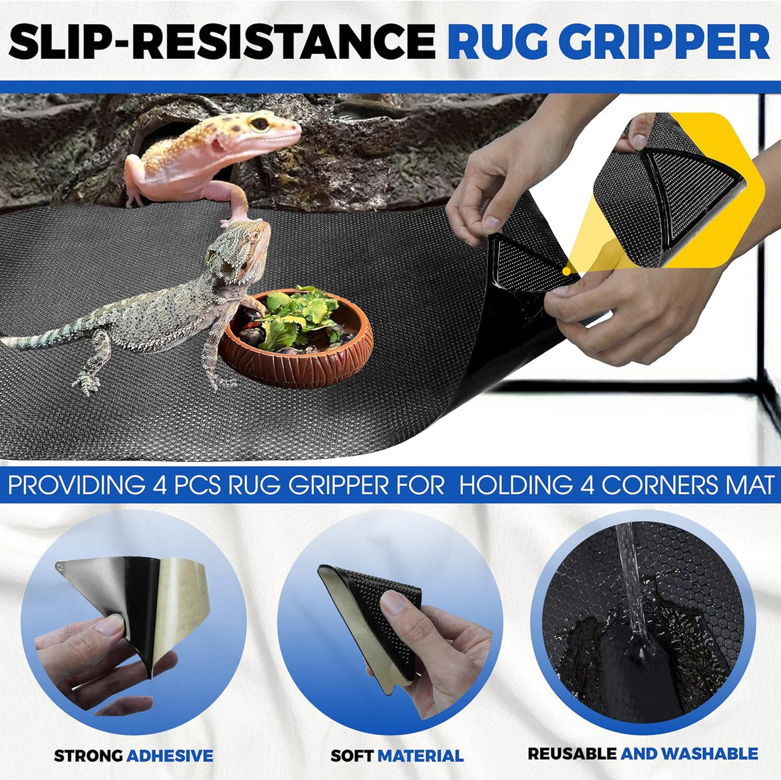 Extra Thick 24"x60" Reptile Substrate Mat, 4PCS Rug Gripper