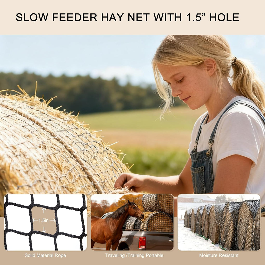 Martx 5x5ft Round Bale Hay Net for Horses Slow Feed, Knotless Feeder