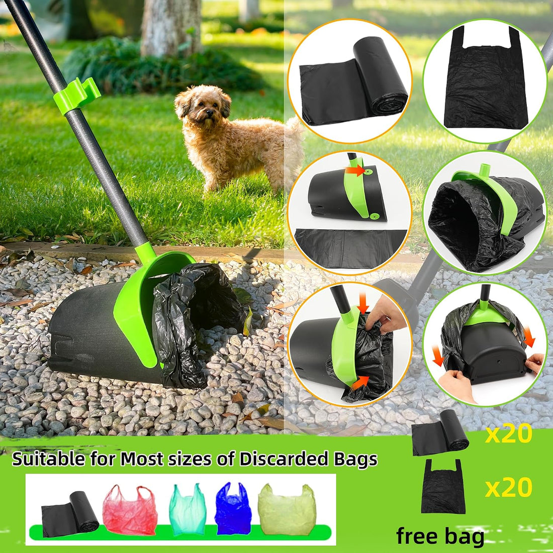 Pooper Scooper Swivel Bin & Rake & Spade Kit with Waste Bags