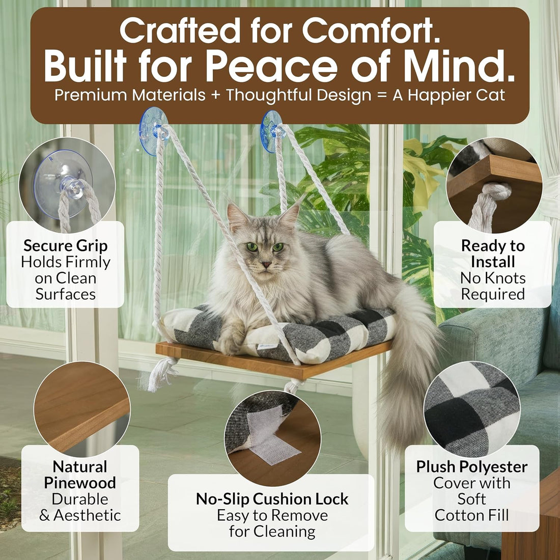 Cat Window Perch, Indoor Hammock Bed with Solid Pine Wood