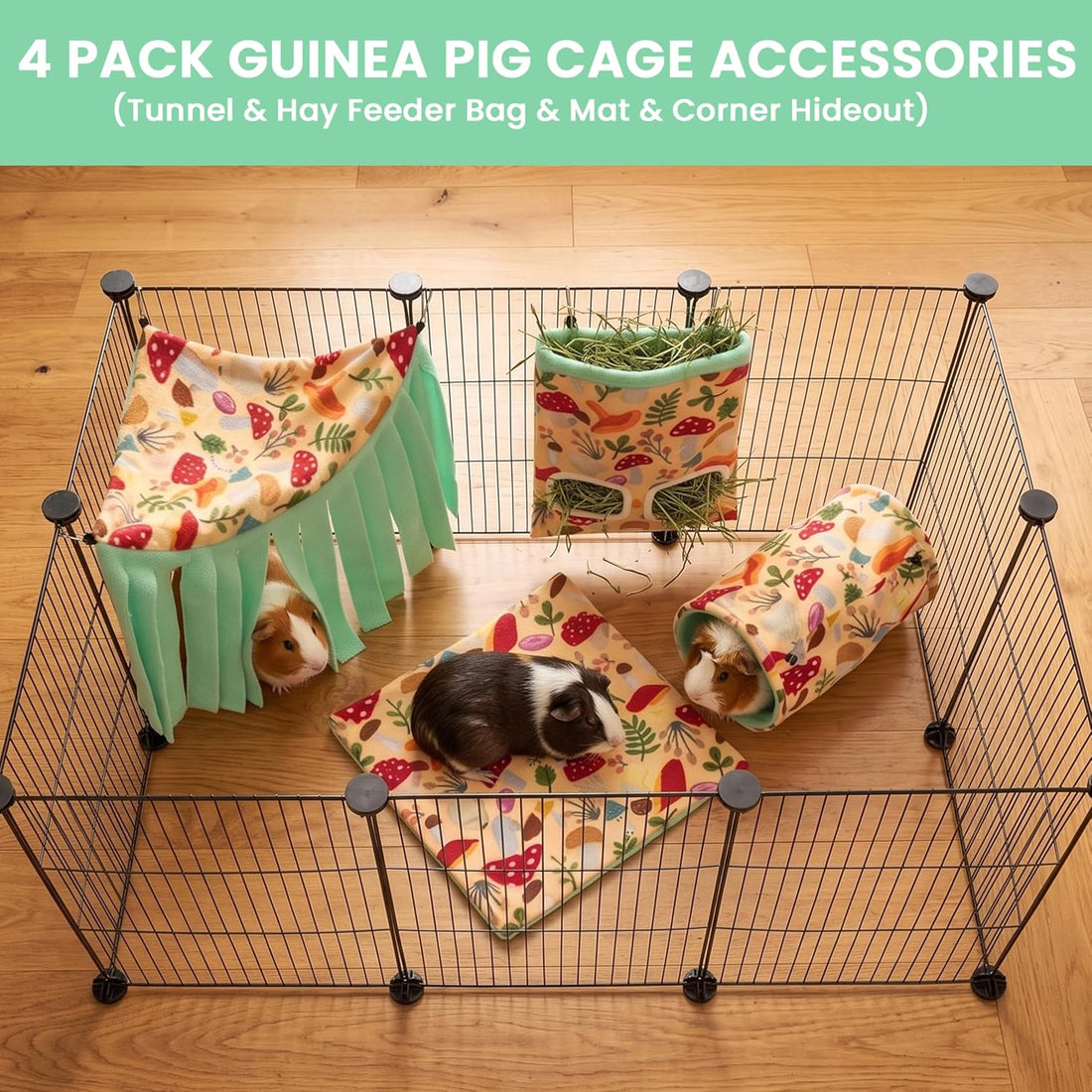 Guinea Pig Hideout Set (4-Pack), Tunnel, Corner Hide, Hay Bag & Mat