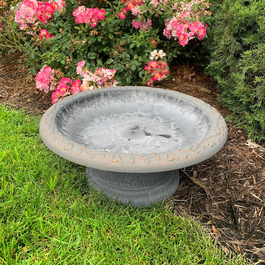 Fiber Clay Birdbath, Low-Profile Base, Dove Gray, 19" D x 7.5" H