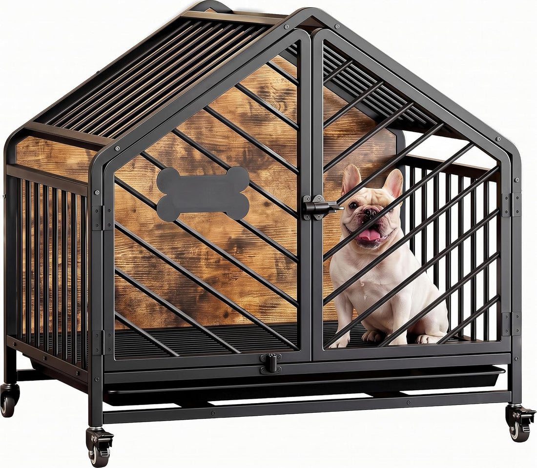 IRONCK 27.6" Dog Crate Furniture with Pull-Out Tray and Wheels