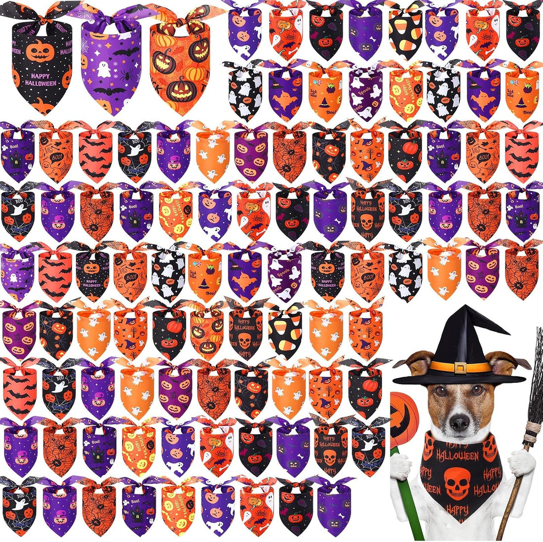 Abbylike 100 Pcs Halloween Dog Bandanas Bulk, Pumpkin Ghost Bat Skull
