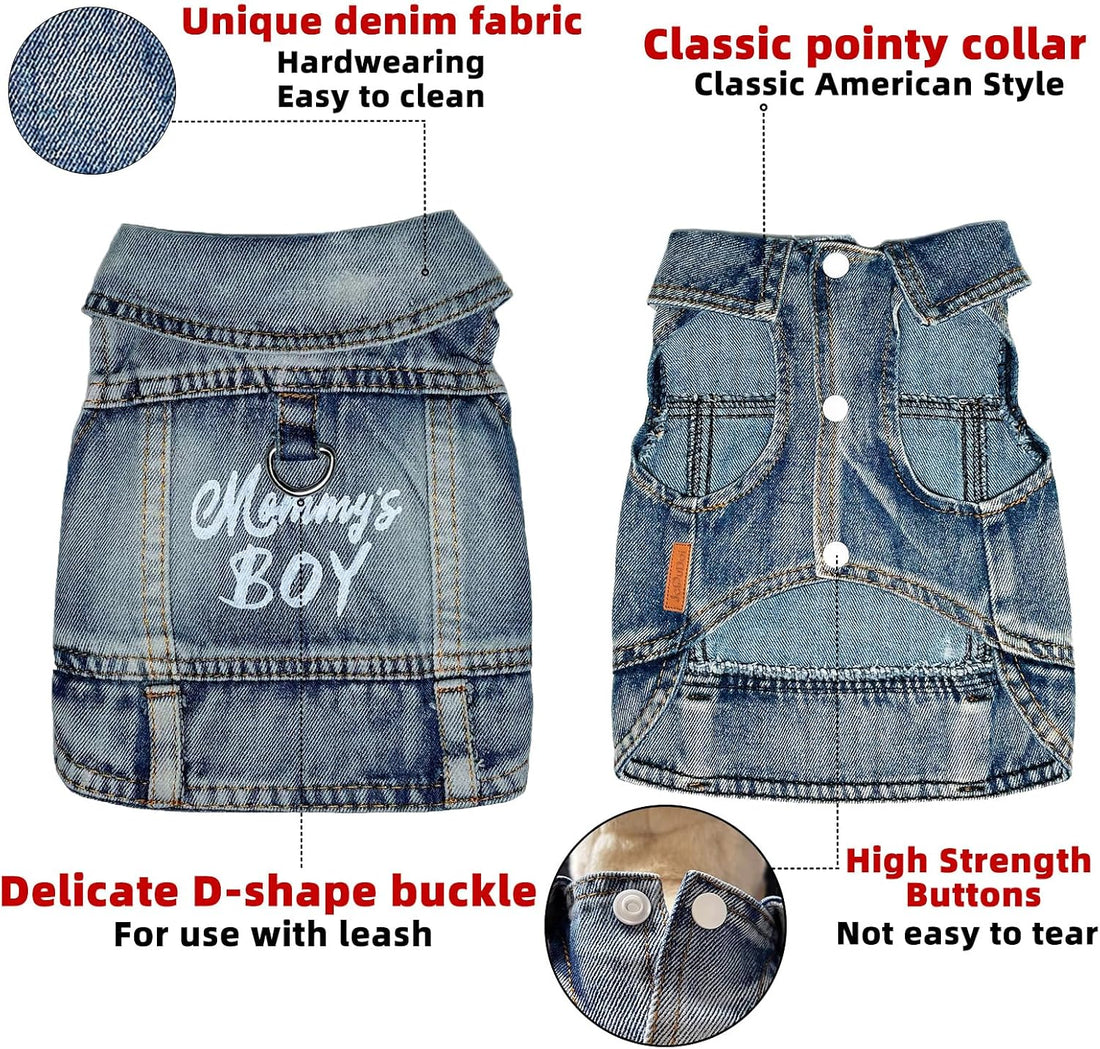 JcDuDoi Dog Jeans Jacket Mommy's Boy Denim Pet Coat for Puppy Small