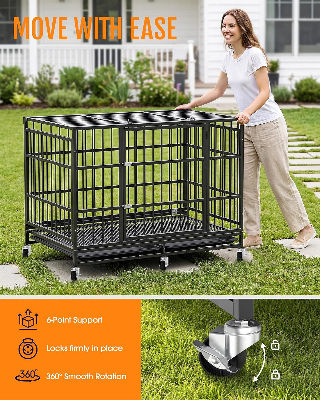 Powools 42 Inch Heavy-Duty Dog Crate Indestructible with Double Door