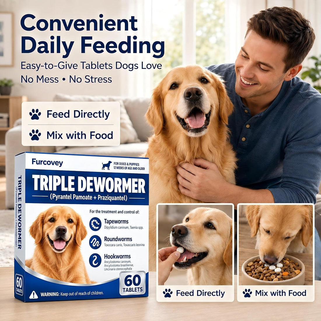 Dewormer for Dogs ,Triple De-wormer Tablet for Small