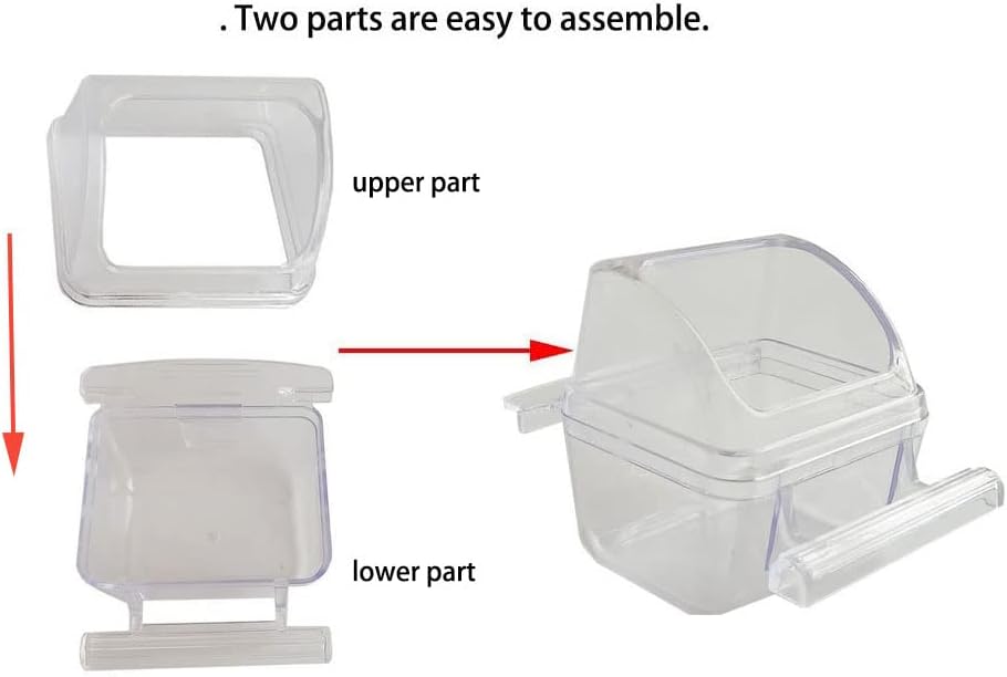 2 Pack Bird Feeders for Cage No Mess Parakeet Food Bowl with Cover Clear Hanging Parrot Water Dispenser Perch Cup Waterer Bird Dishes Seed Cage Cups Slot Replacement Feeder Bowls