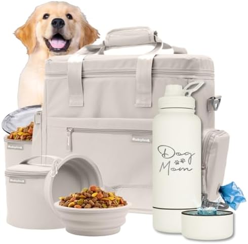 Dog Travel Bag (Beige) & Dog Mom Water Bottle (Cream) Bundle