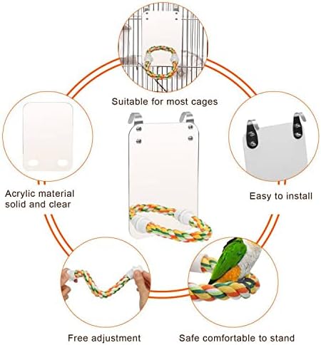 7" Bird Mirror for Cage, Parakeet Cockatiel Parrot Mirror with Rope