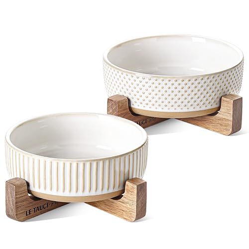 LE TAUCI PET Ceramic Dog and Cat Bowl Set with Acacia Wood Stand