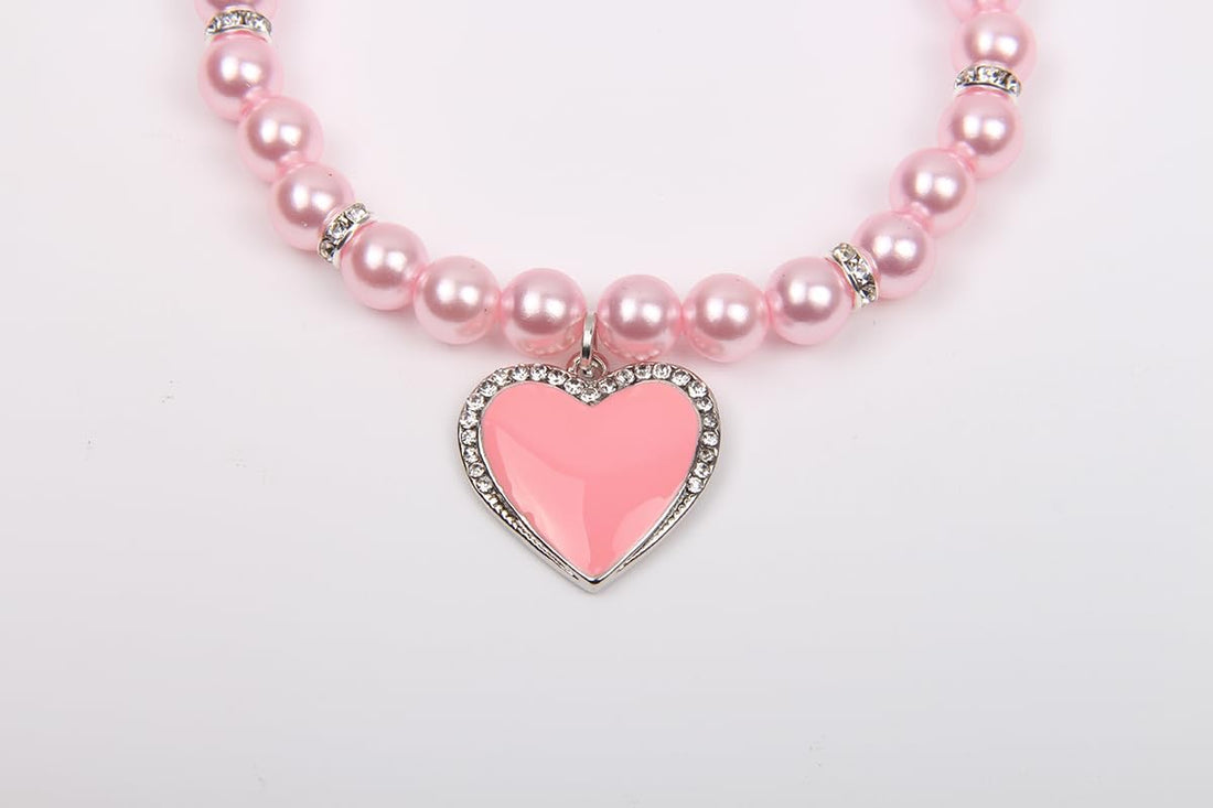 XKSRWE Dog Cat Pearls Necklace Collar with Rhinestones Heart Charm