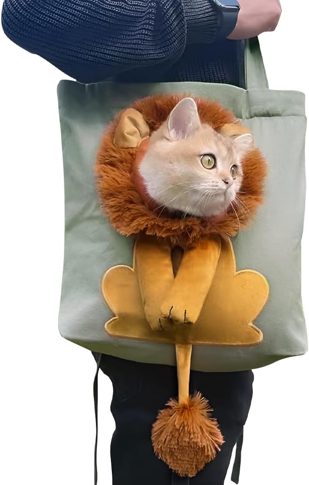 Lion-Shaped Pet Canvas Shoulder Bag Portable Cat Carrier Tote Bag