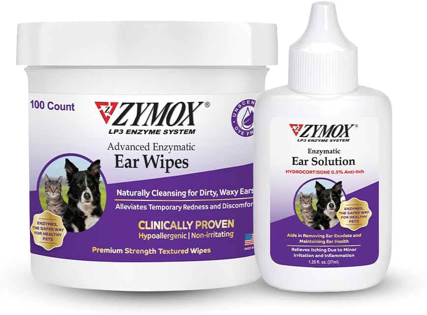Zymox Enzymatic Ear Wipes and Ear Solution for Dogs and Cats