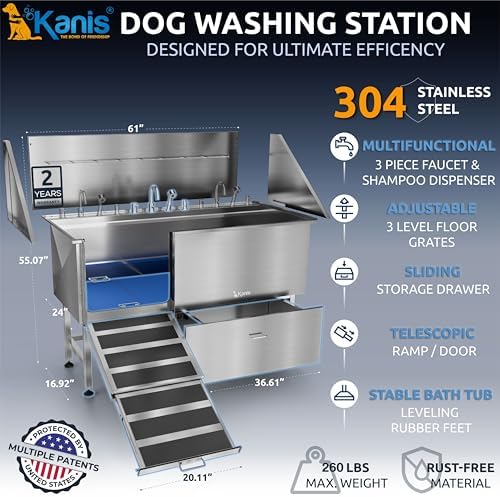 61" Dog Bathing Station, LEFT RAMP + 49" Electric Dog Grooming Table