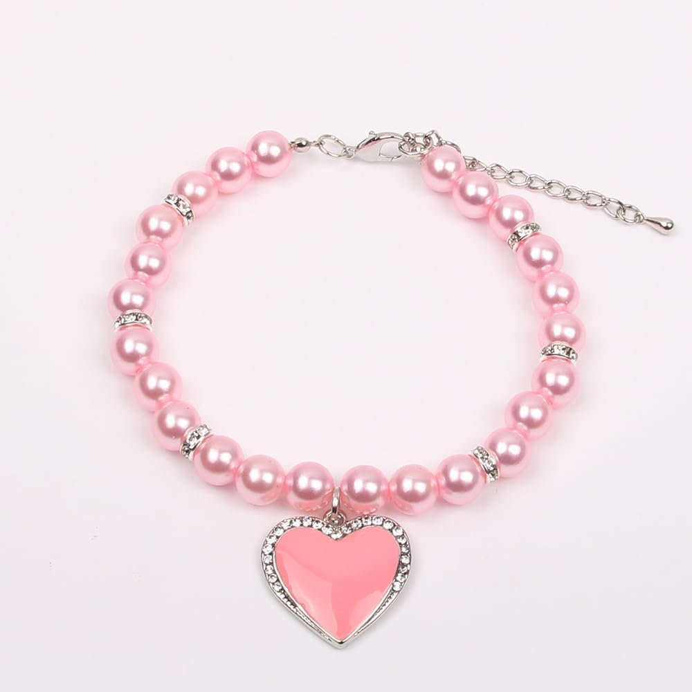 XKSRWE Dog Cat Pearls Necklace Collar with Rhinestones Heart Charm