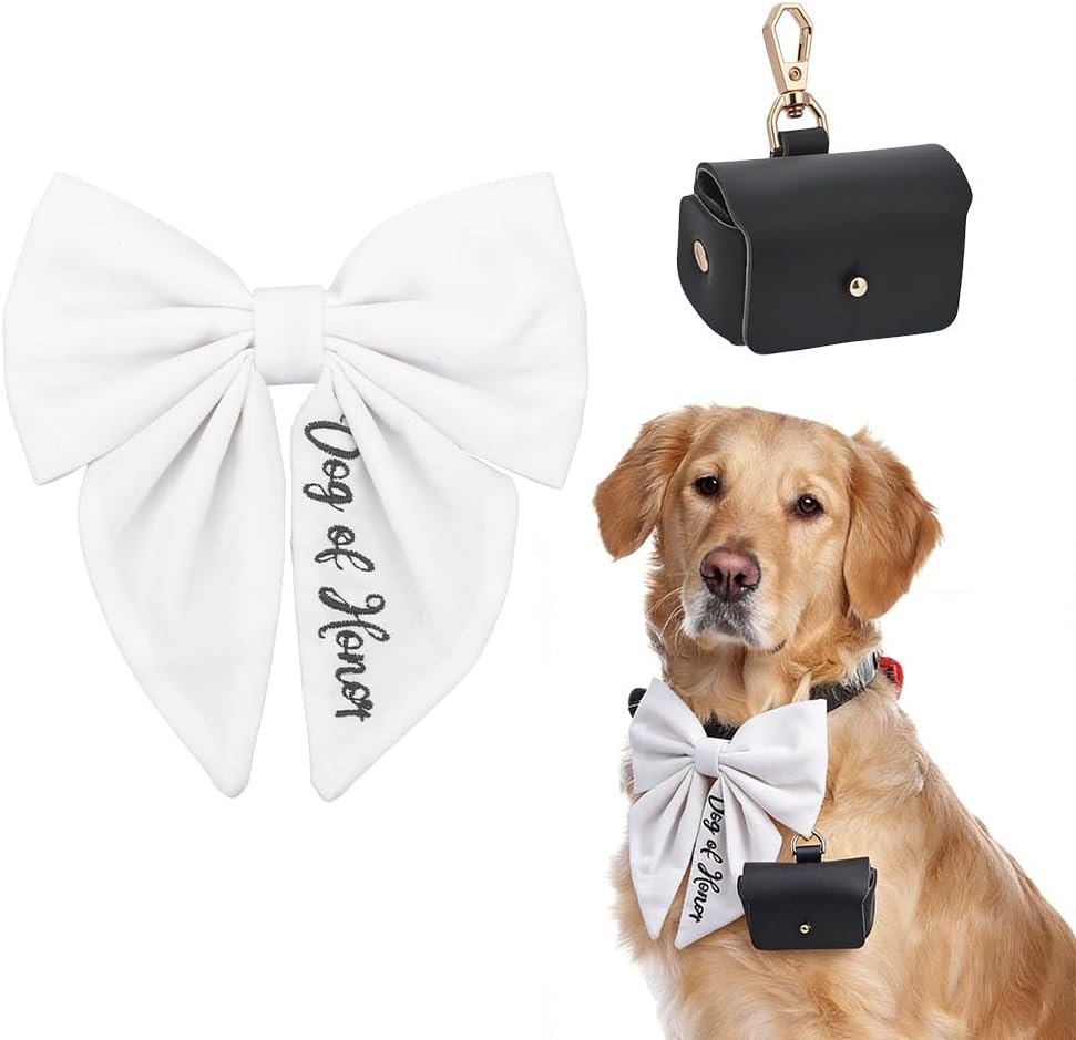 Dog Ring Bearer Collar Pouch with Detachable Bow Tie Rectangle PU