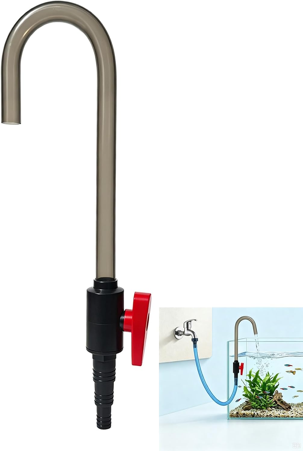 Hands-Free Aquarium Water Changer Hook with Flow Shutoff Valve
