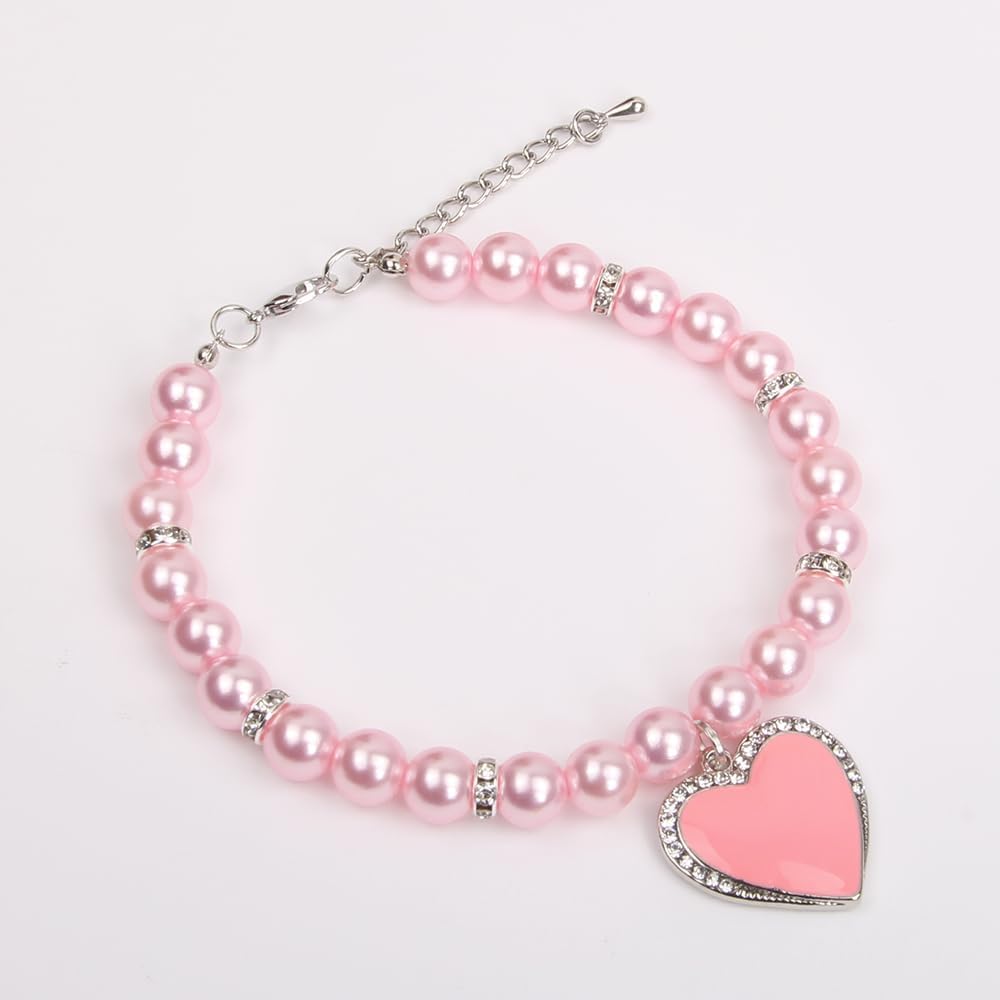 XKSRWE Dog Cat Pearls Necklace Collar with Rhinestones Heart Charm
