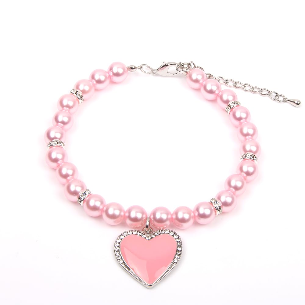 XKSRWE Dog Cat Pearls Necklace Collar with Rhinestones Heart Charm