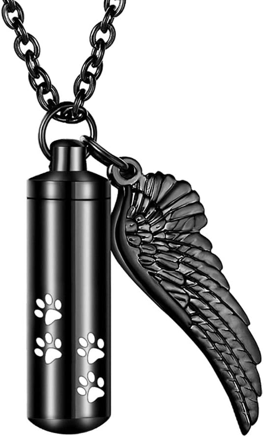 abooxiu Cylinder Cremation Necklace for Pet Ashes With Angel Wing Paw