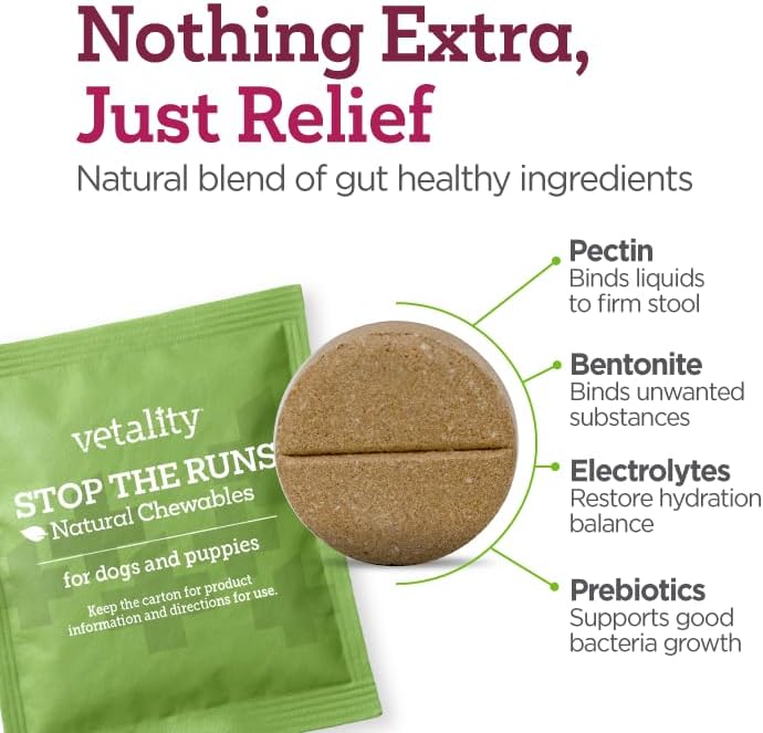 Vetality Stop The Runs | Dog Anti Diarrhea Medicine | 6 Count Chewable