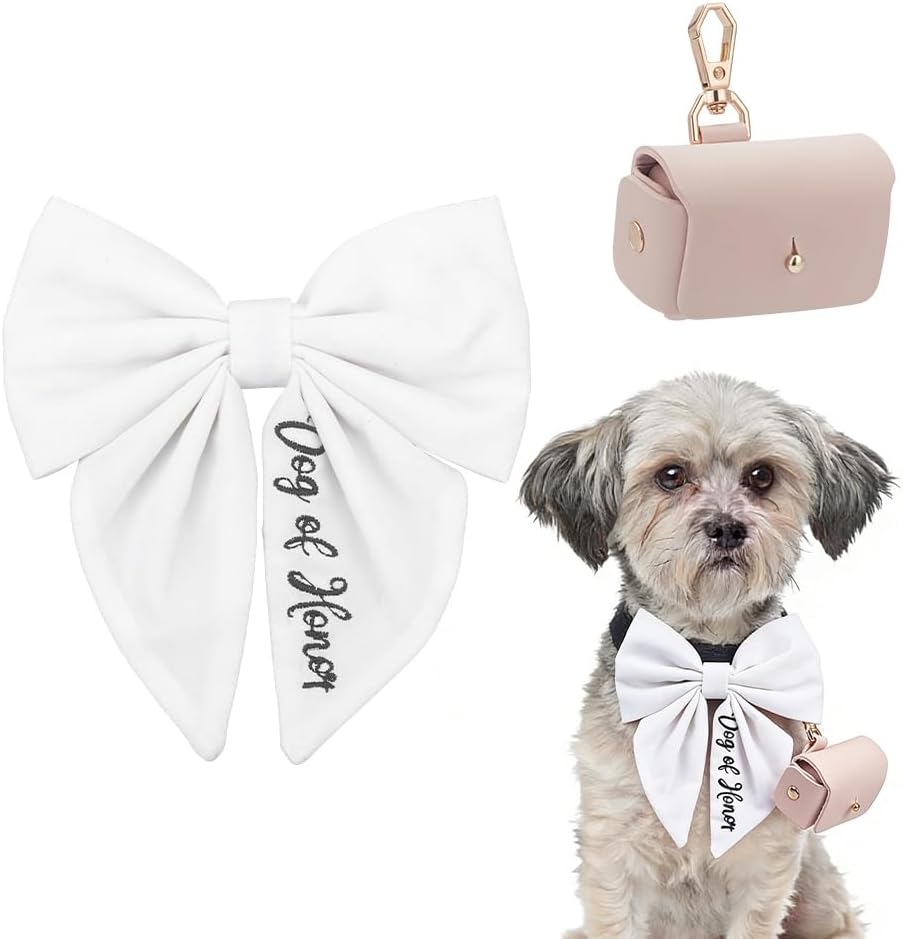 Dog Ring Bearer Collar Pouch with Detachable Bow Tie Rectangle PU