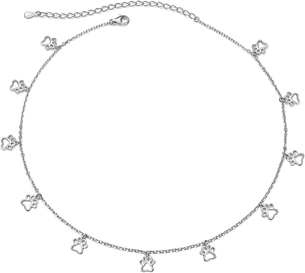 S925 Sterling Silver Puppy Dog Cat Pet Paw Print Choker Disc Chain