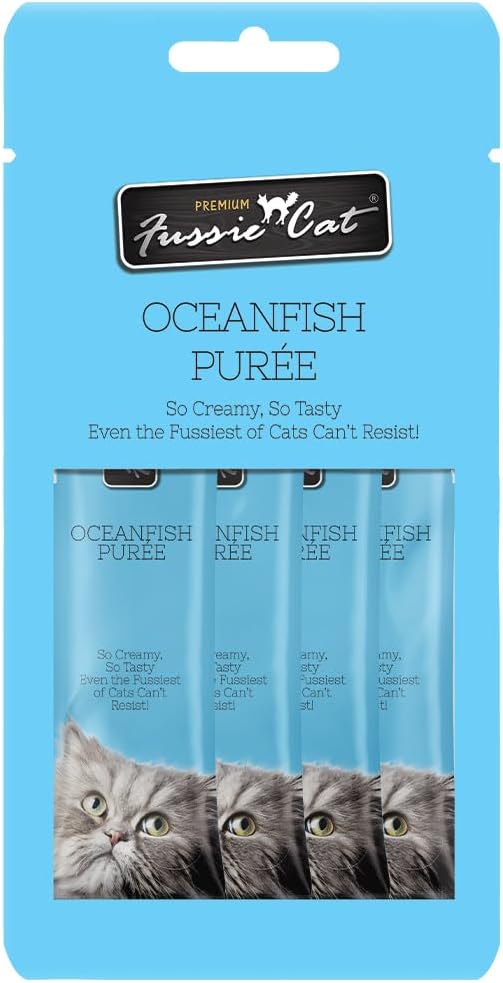 Fussie Cat Premium Ocean Fish Puree, Lickable Cat Treats, 0.5oz x4
