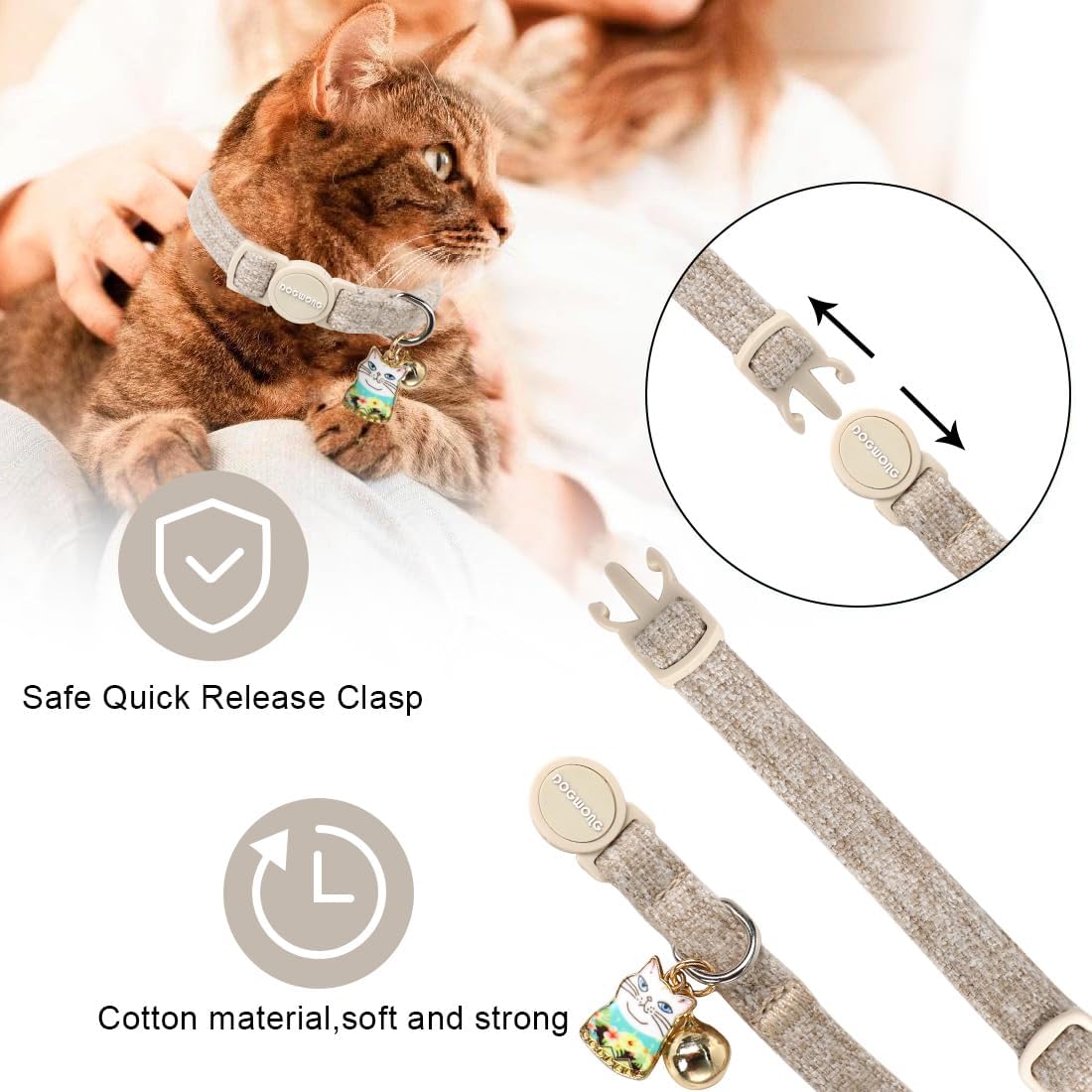 Cat Collar,2 Pack White Hemp Cat Collars Breakaway with Bell