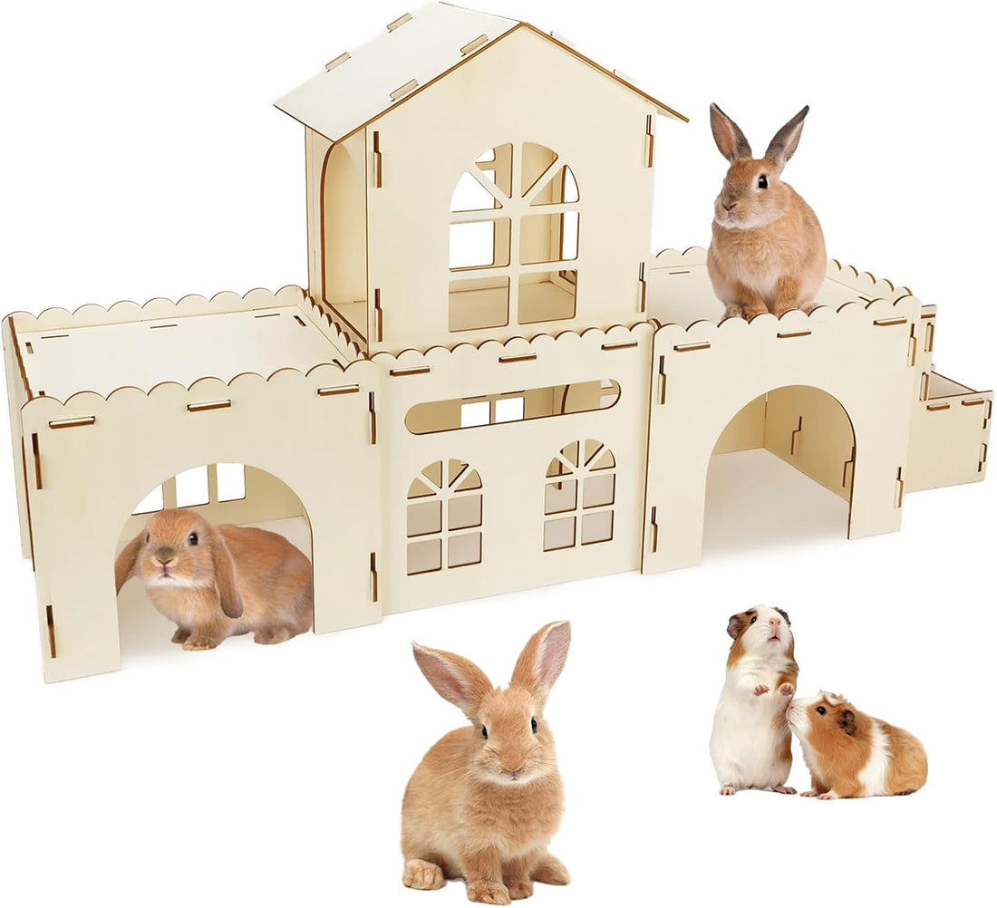 BWOGUE Large Wooden Bunny Hideout,Detachable Rabbit Castle for Small