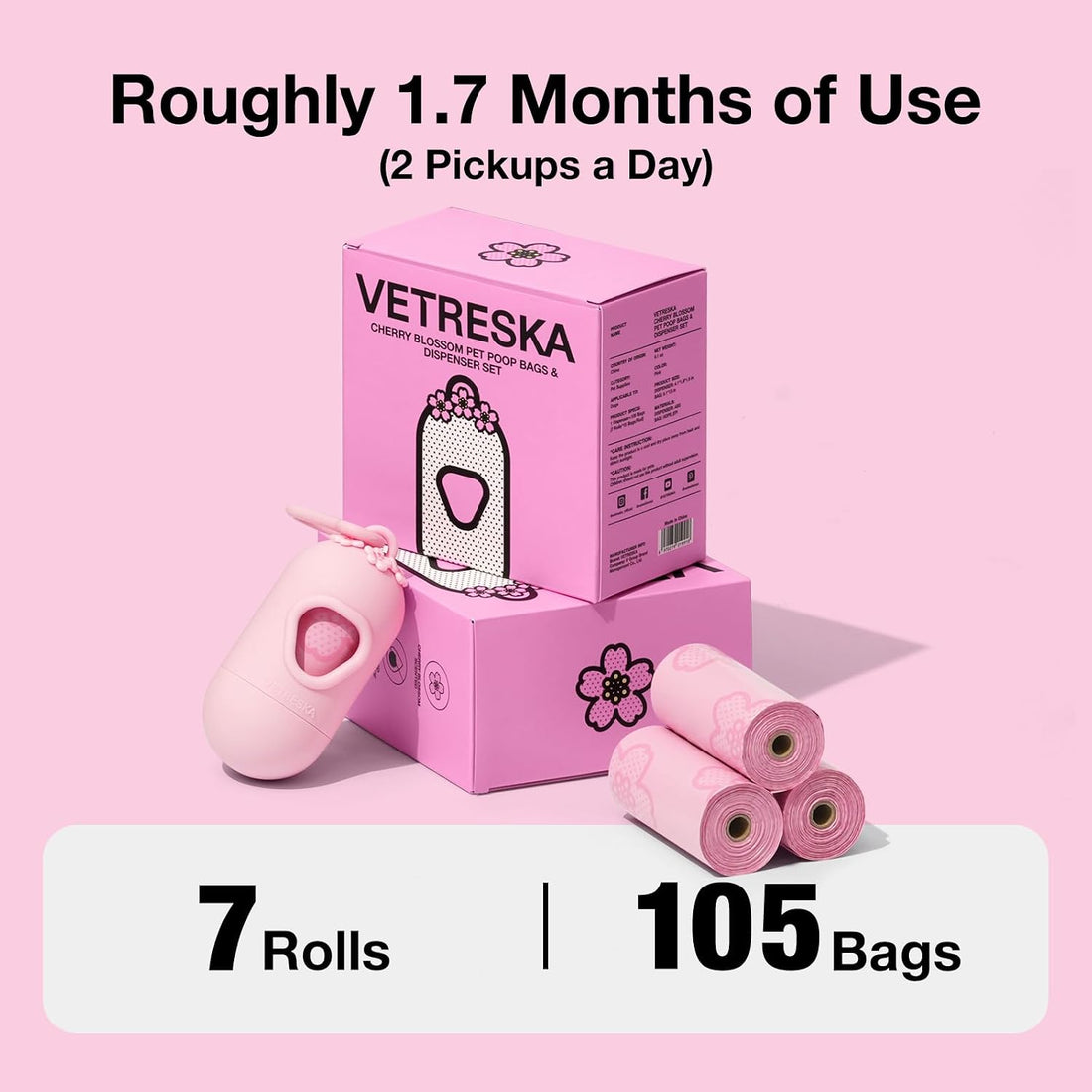 VETRESKA Dog Poop Bag Dispenser with Cherry Blossom Scented Poop Bags